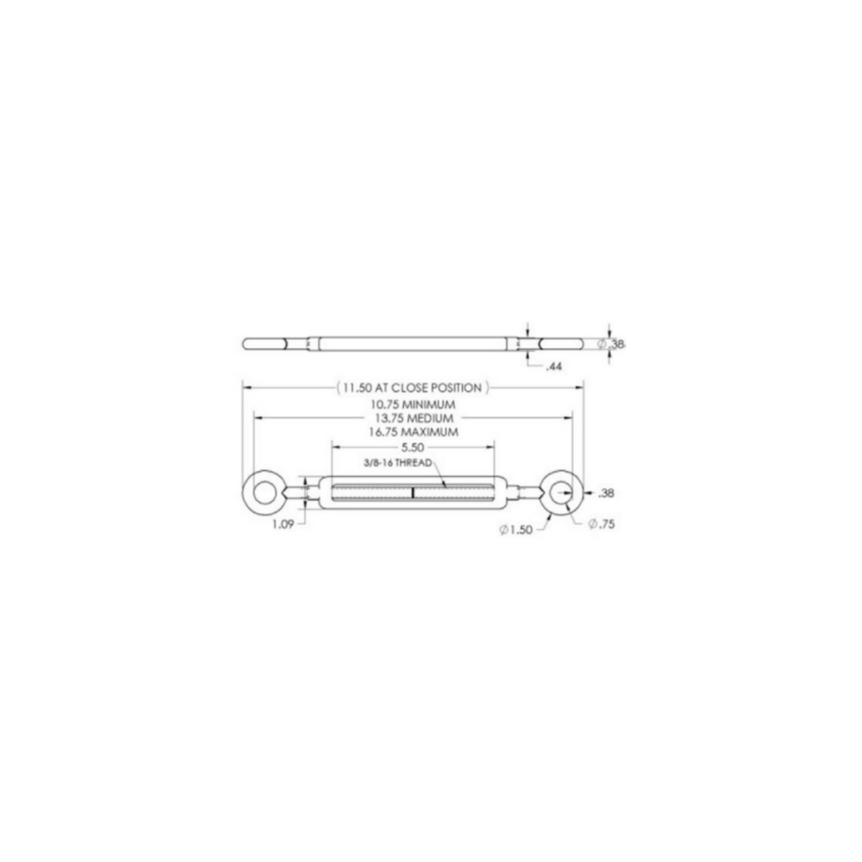 Adaptive Technologies turnbuckle, 3/8in x 6in, eye to eye, galvanised