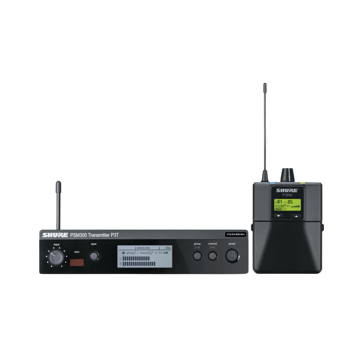 Shure PSM300 wireless personal monitoring system with transmitter and metal bodied receiver, earphon