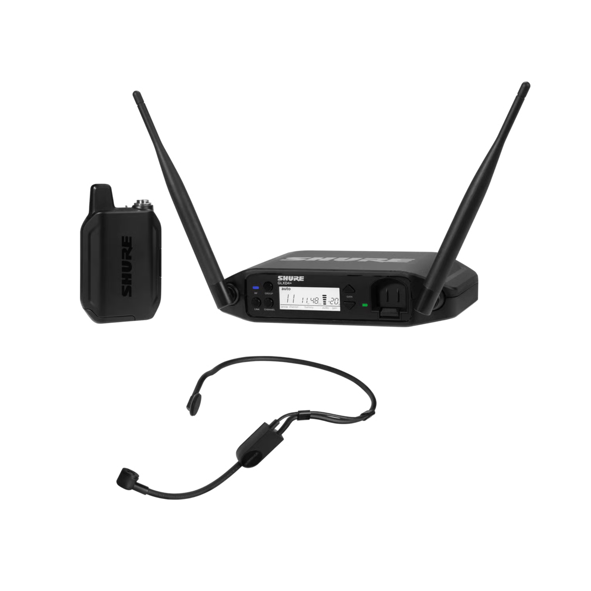 Shure GLX-D+ Dual Band Wireless System, PGA31 Headset Microphone and GLXD4+ tabletop receiver.