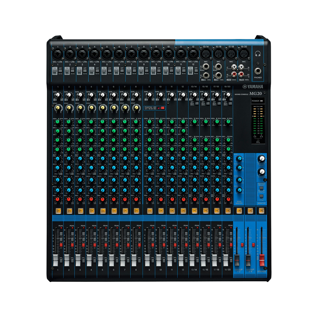 Yamaha 20-channel analogue mixer, 48V phantom power, 3-Band EQ & HPF, 26dB pad, 8 compressors, 4 aux