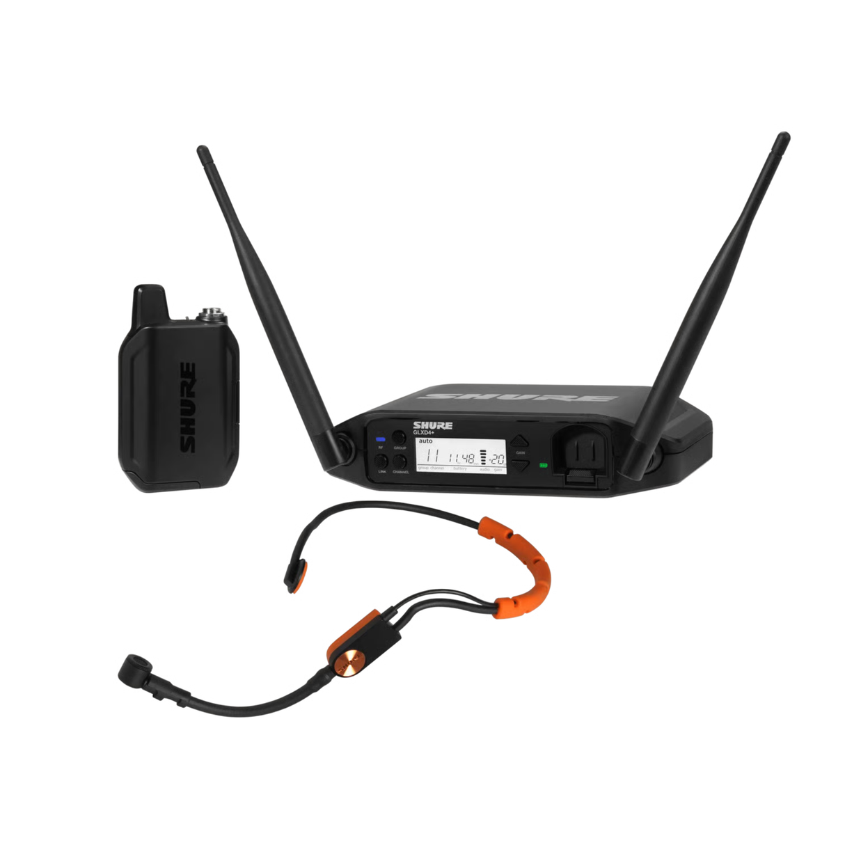 Shure GLX-D+ Dual Band Wireless System, SM31FH Headset Microphone and GLXD4+ tabletop receiver.