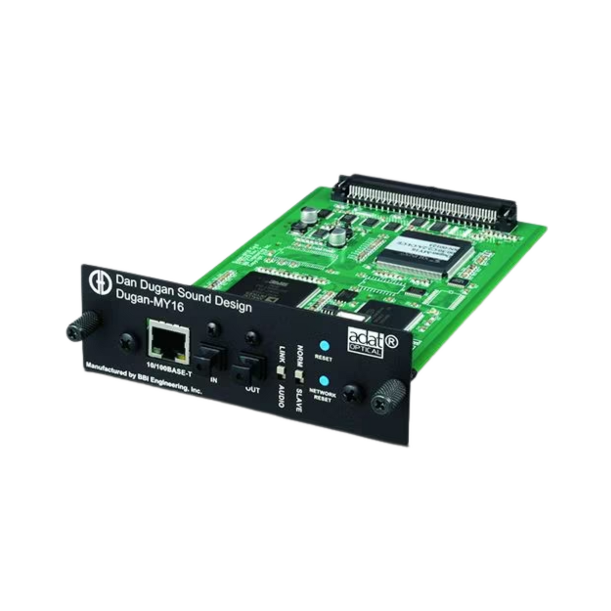 Yamaha interface card; automated microphone mixing developed in partnership with Dan Dugan Sound Des