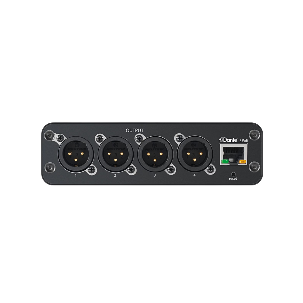 Shure audio network interface with 4 XLR outputs. Audio routing via Dante™ and browser-based control