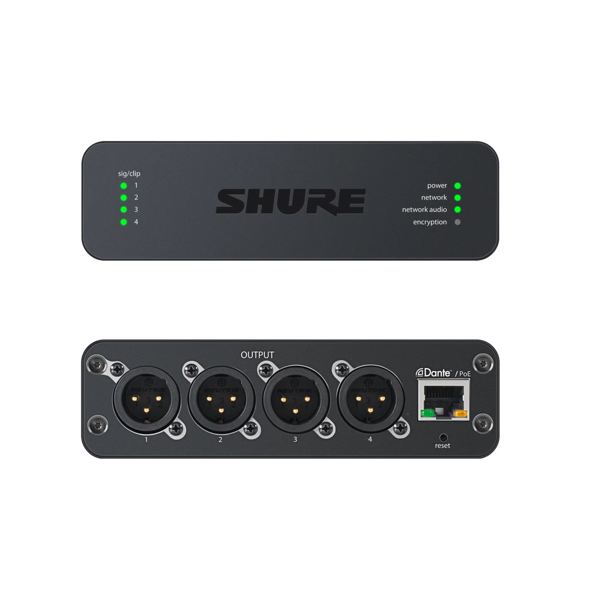 Shure audio network interface with 4 XLR outputs. Audio routing via Dante™ and browser-based control
