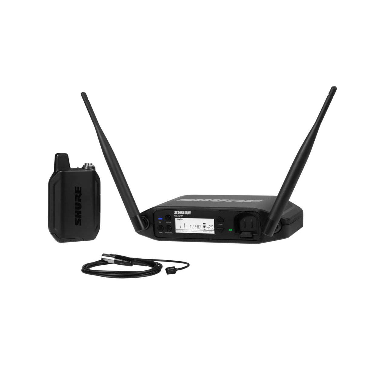 Shure GLX-D+ Dual Band Wireless System, WL93 lavalier and GLXD4+ tabletop receiver.