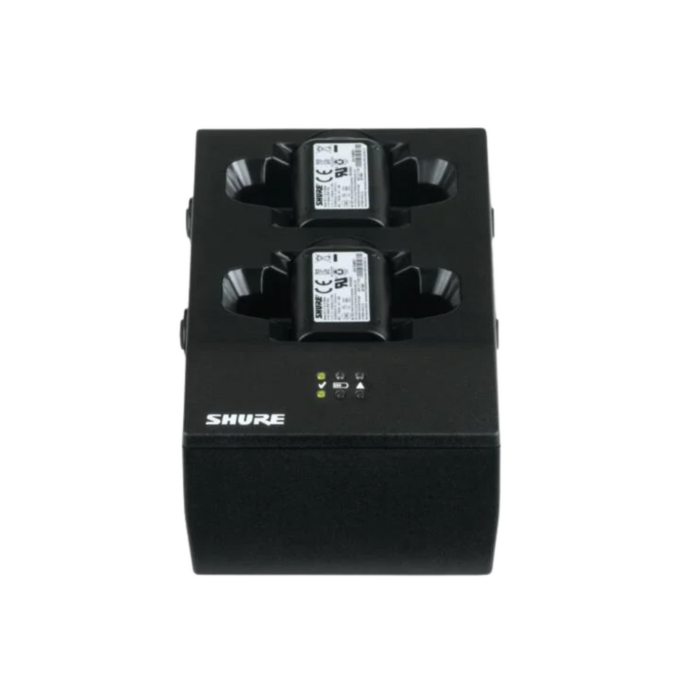 Shure dual docking battery/transmitter charger with PS45UK power supply; for ULXD, P9RA, P10R