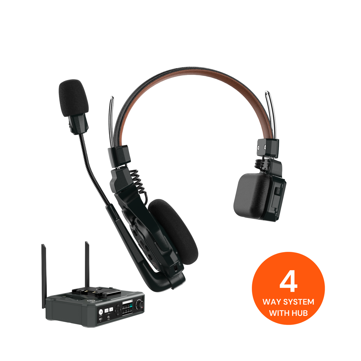 A Hollyland Solidcom C1 Pro wireless intercom system with a hub station, four wireless remote headsets with boom microphones, and external antennas.