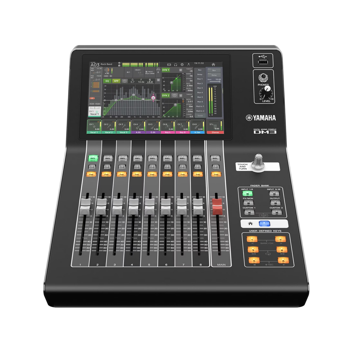 Yamaha DM3 digital mixing console with a display screen, multiple control knobs, and buttons on the front panel.