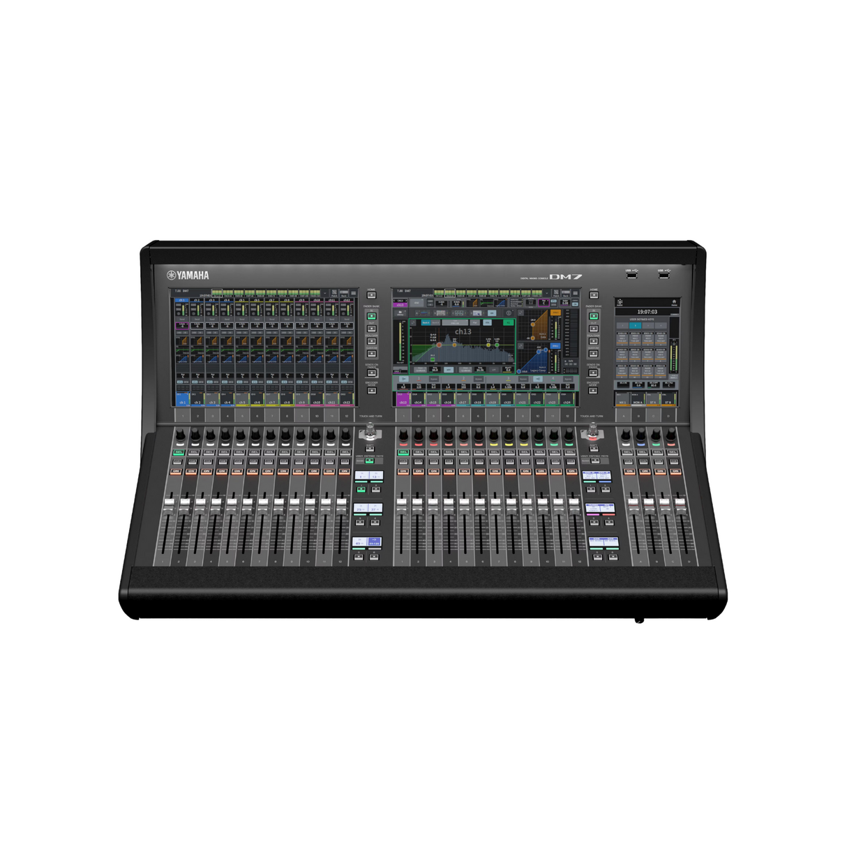Yamaha DM7 digital mixing console featuring multiple sliders and a digital display screen