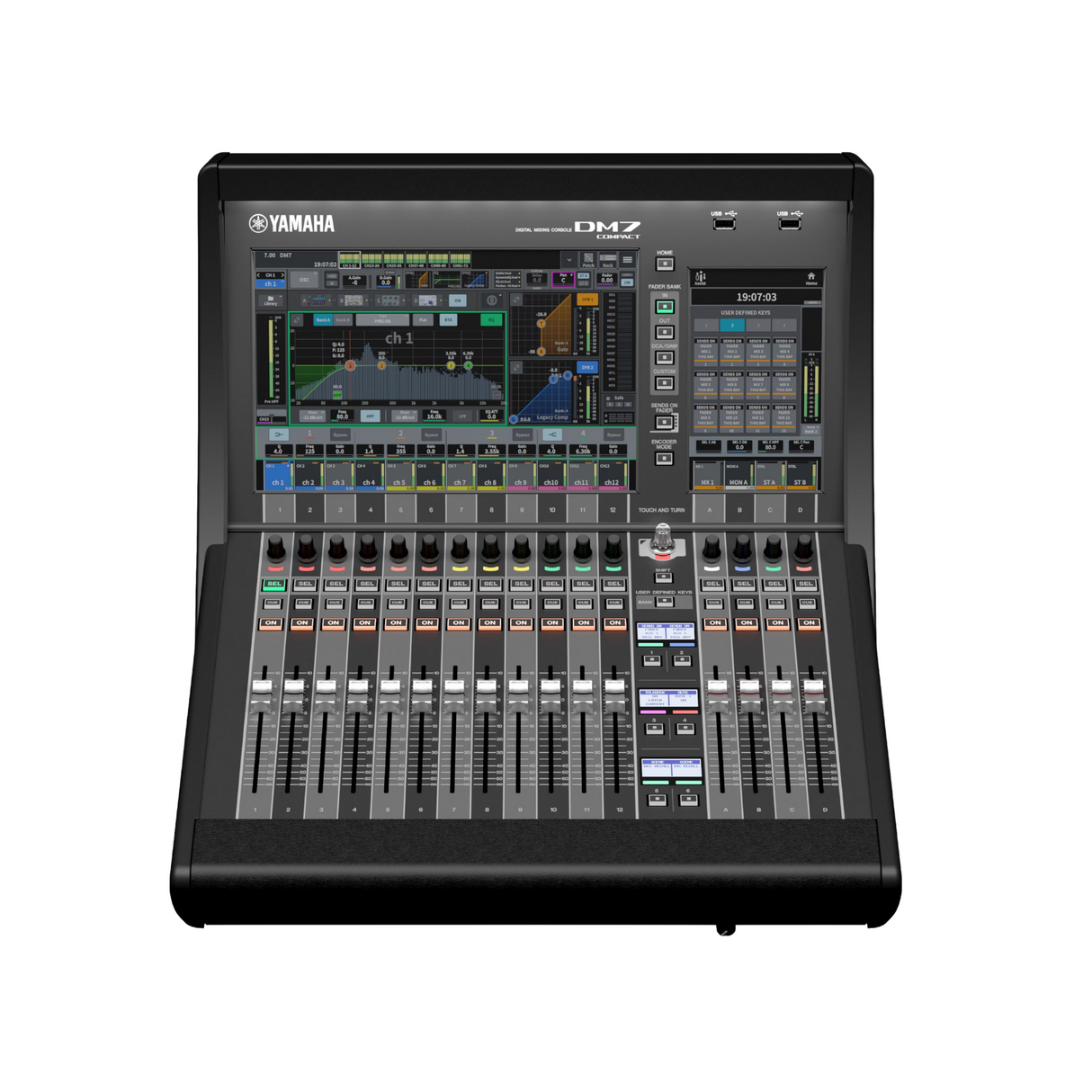 Yamaha DM7 Compact digital mixing console with multiple control surfaces and displays.