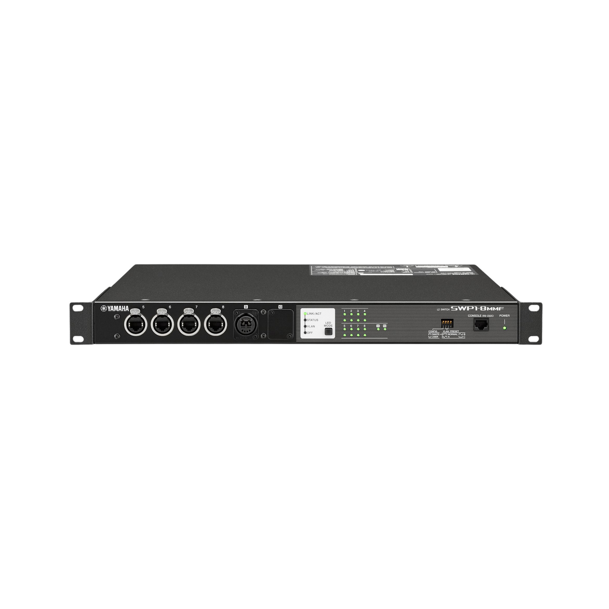Yamaha network switch equipped with eight etherCON ports, one opticalCON port, and one option slot