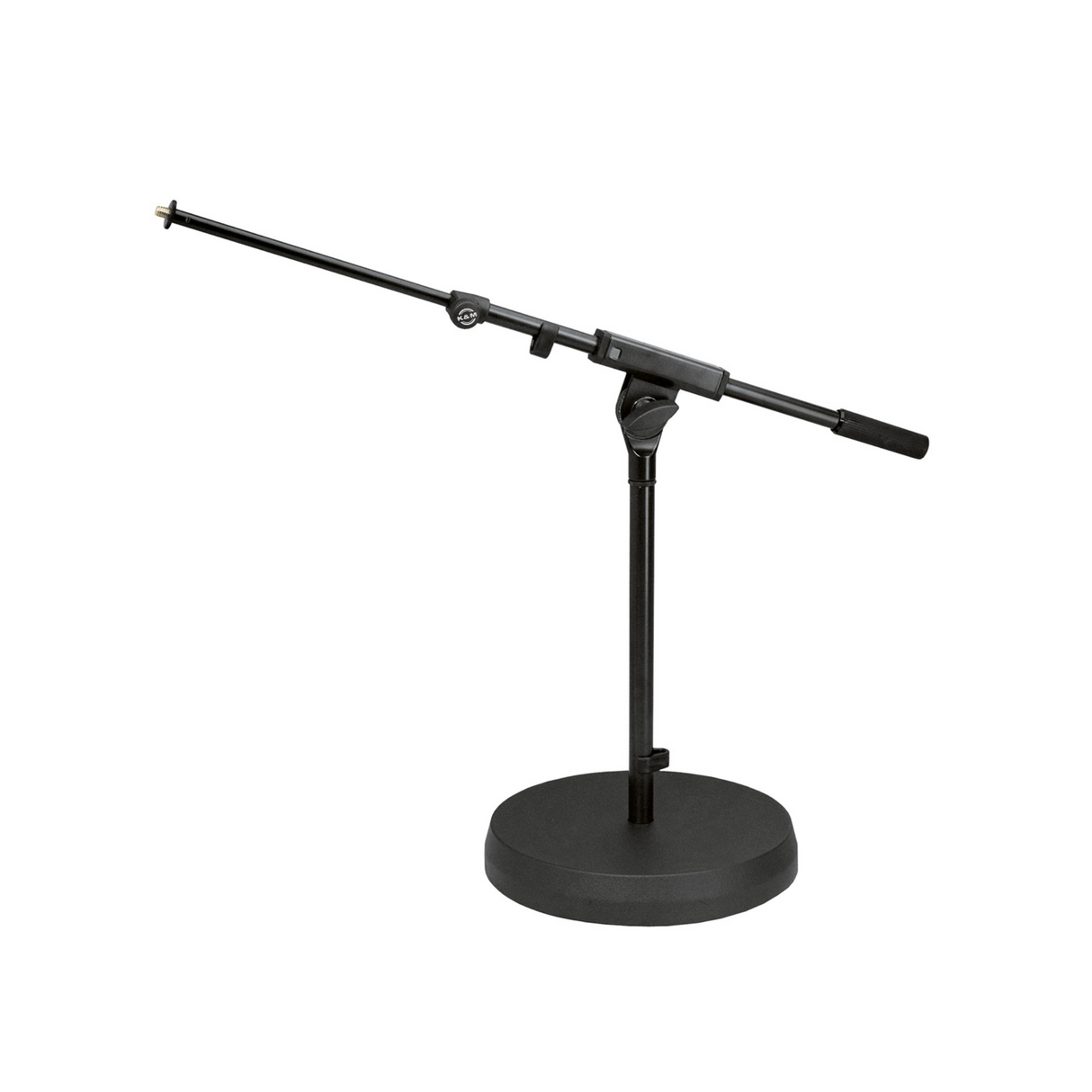 K&M 25960 very low microphone stand with round base and 2-piece boom arm, black