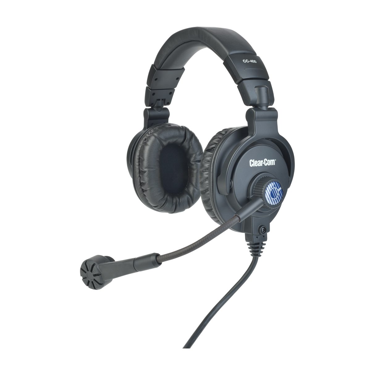 Clear-Com headset with high ambient-noise attenuation headphones and hyper-cardioid dynamic micropho