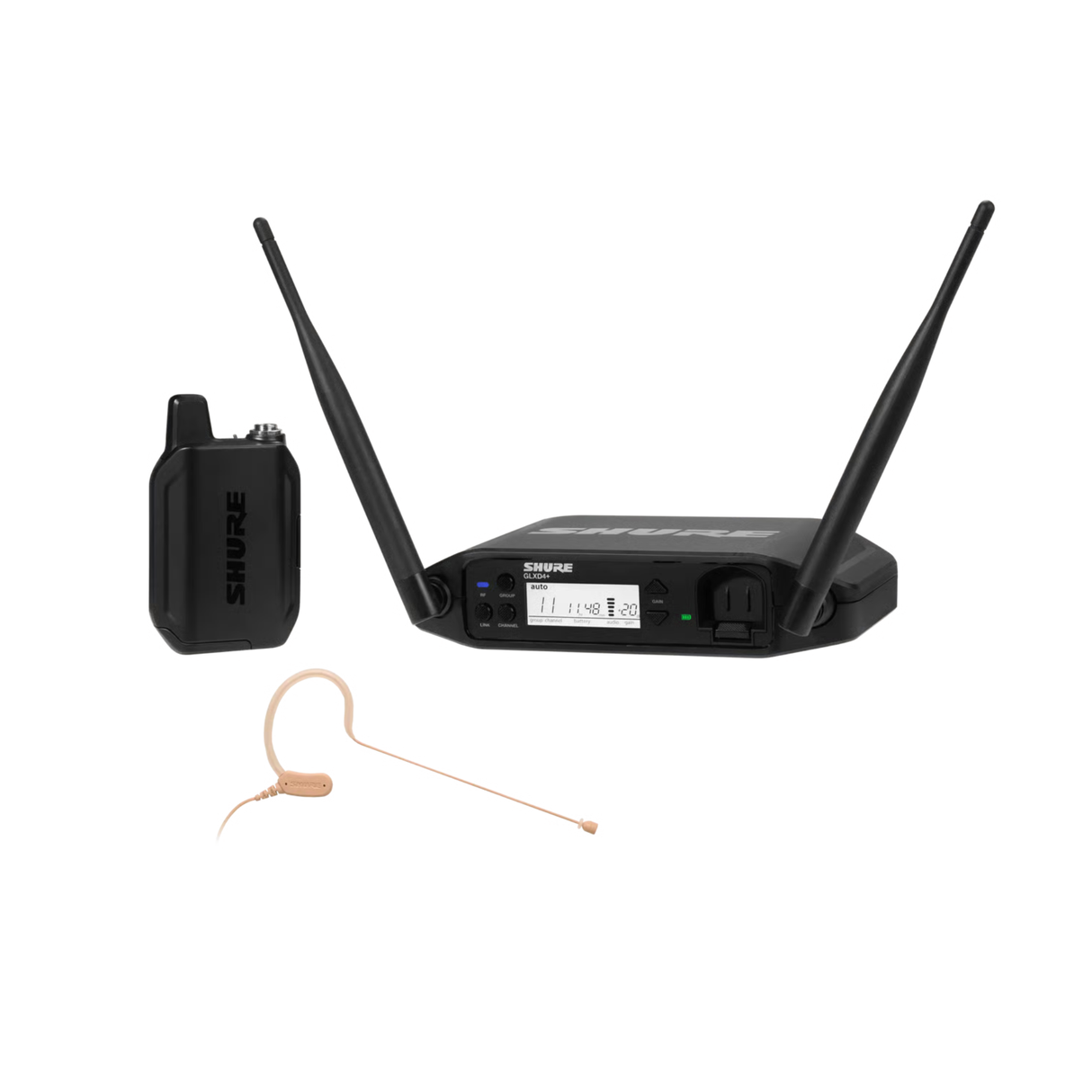 Shure GLX-D+ Dual Band Wireless System, MX153 Headworn Earset and GLXD4+ tabletop receiver.