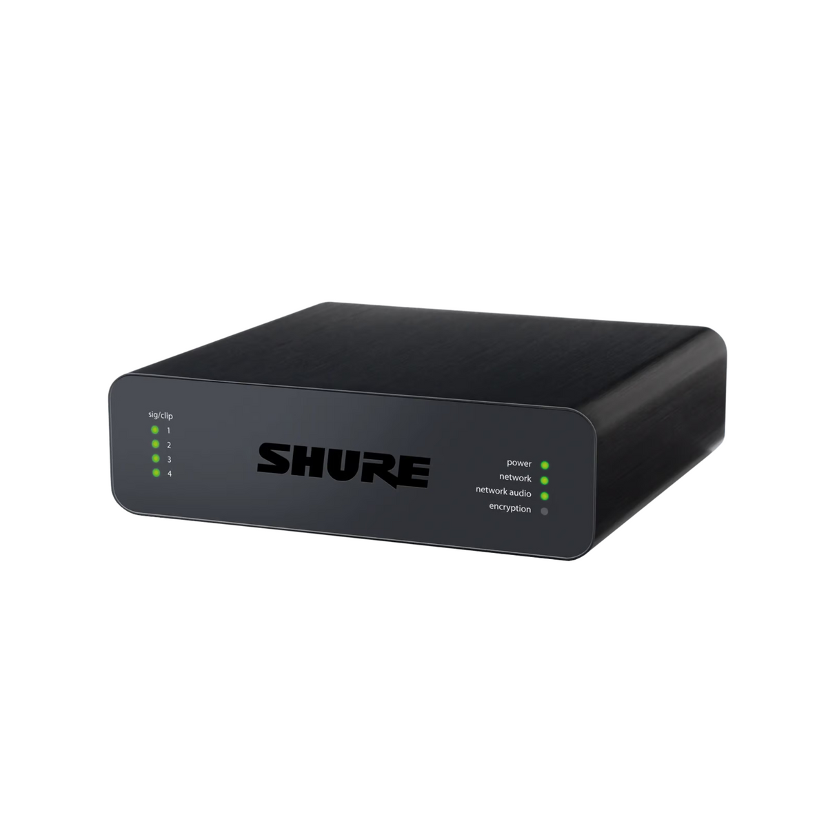 Shure audio network interface with 4 XLR inputs. Audio routing via Dante™ and browser-based control
