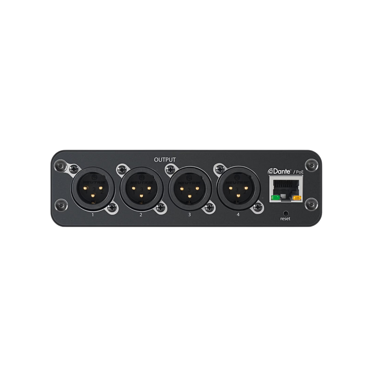 Shure audio network interface with 4 XLR outputs. Audio routing via Dante™ and browser-based control