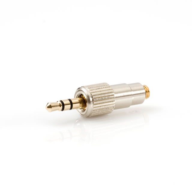 A silver-colored microphone adapter with a microLock to mini-jack connection.