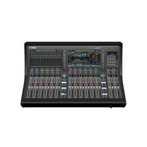 Yamaha DM7 digital mixing console featuring multiple sliders and a digital display screen